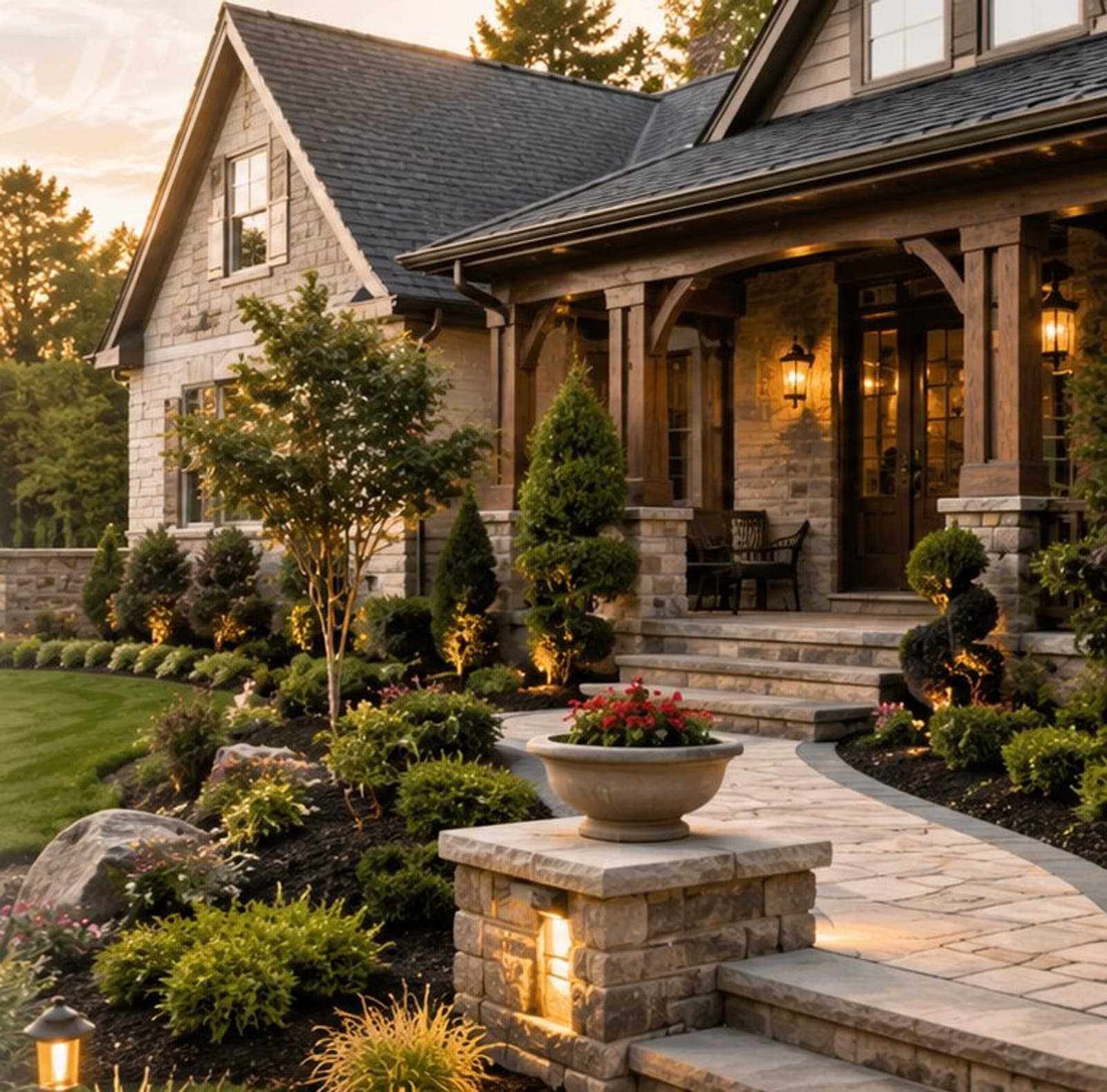 Golden-hour view of a finished home with stone hardscaping, lit walkways, and lush plantings